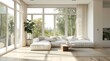 © Chand Abdurrafy - Minimalist living room in white color with a cozy white sofa, full-length windows capturing a sunny outdoor scene, and uncluttered layout