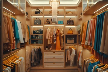Wall Mural - A walk-in closet filled with a variety of clothing items. Ideal for fashion and organization concepts