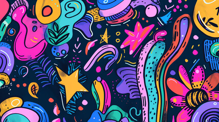 Wall Mural - This is a colorful and abstract digital drawing. There are many different shapes and objects in the image, including faces, stars, moons, flowers, and presents. The colors are bright and saturated, an