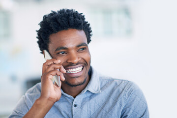 Wall Mural - Happy, black man and agent with phone call for friendly discussion, chat or proposal at office. Young African, male person or consultant talking on mobile smartphone for online advice or conversation