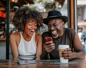 Wall Mural - woman and man  sitting at a table, smiling while watching their phone together