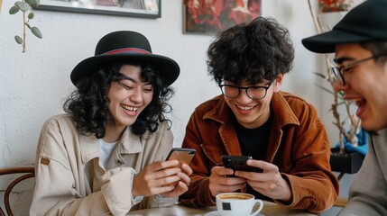 Wall Mural - woman and man  sitting at a table, smiling while watching their phone together