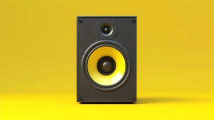 One powerful music speaker on a smooth yellow background in the very center of the composition.