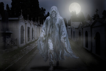 Wall Mural - Old cemetery street ghost in a full moon night