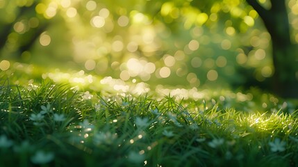 Wall Mural - A fresh spring sunny garden background of green grass and blurred foliage bokeh