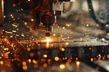 Sticker - A machine cutting a piece of metal with sparks. Ideal for industrial and manufacturing concepts