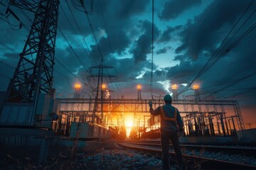 A man standing on a train track at sunset. Suitable for transportation or travel concepts