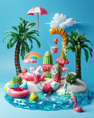 summer elements for relax and vacation made of inflatable items on blue background in style of 3d. playful design concept.