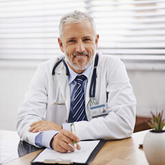 Poster - Mature man, doctor and portrait in office with pride for hospital, medicine and document. Prescription, stethoscope and paperwork for medical, health insurance insurance and admin with smile