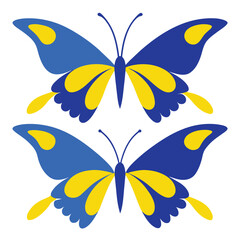 Set of contours of blue yellow monarch butterflies with different wings