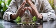 © AI Studio - An insurance agent's hands protecting a model house and a family. Protect the house, cost planning design and construction concept.