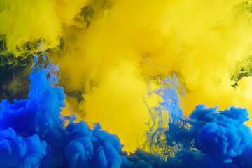 Wall Mural - Royal blue neon accents energize the vibrant yellow smoke in a regal stage setting.