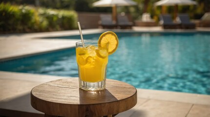 yellow drink glass on side table by the pool on beach summer resort vacation relaxation