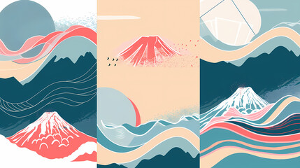 Set Mountain layout design in oriental style.Japanese background with line wave pattern vector. Abstract template with geometric pattern.