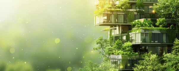 Wall Mural - A green building with a lot of windows and a green roof. The building is surrounded by trees and has a lot of greenery
