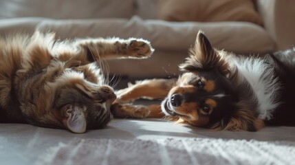 Poster - A dog and a cat laying on a bed