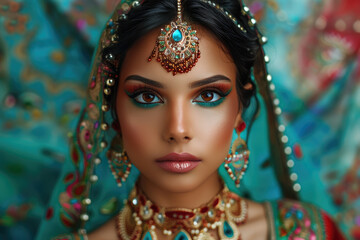 Wall Mural - Beautiful woman in traditional attire with intricate jewelry and vibrant makeup.