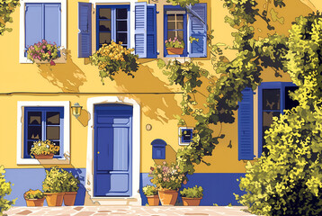 illustration beautiful street with old historic houses, windows and flowers on the windowsills. cute