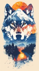 Wall Mural - A painting of a wolf with a sunset in the background