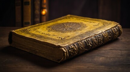 Wall Mural - old ancient yellow magical book glowing bright light