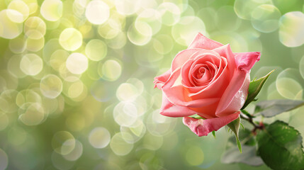 Wall Mural - Pink rose on soft bokeh background. A single pink rose in bloom with a soft green bokeh background, perfect for Valentines Day or other romantic occasions.