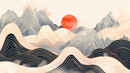 Wall Mural - Mountain layout design in oriental style.Japanese background with line wave pattern vector. Abstract template with geometric pattern.