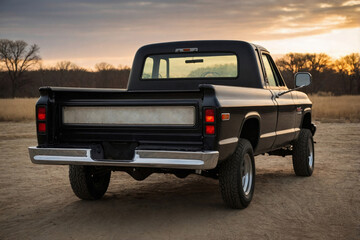 back of the vintage pickup truck, showcasing the tailgate, taillights, and rear bumper