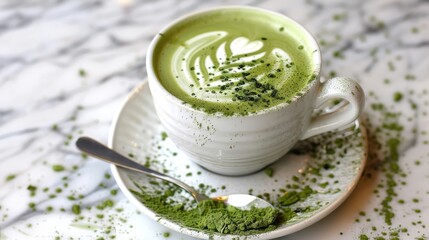 Wall Mural - Green tea matcha latte displayed through art in a cup placed on the table