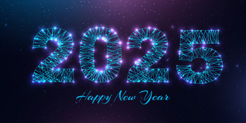 Wall Mural - Happy new year 2025 greeting card. Low poly style design. Numbers from a polygonal wireframe mesh. Abstract vector illustration on dark background.