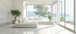 © Chand Abdurrafy - Minimalist living room in white color with a white sleeper sofa, floor-to-ceiling windows with a summer landscape, and uncluttered design