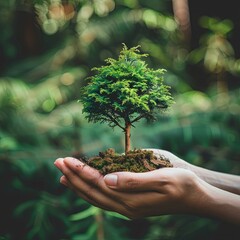 Wall Mural - Hands Nurturing Young Tree in Bright Sunlight