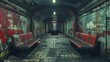 © ZethX - Vintage subway corridor with worn-out benches and peeling paint, exuding an eerie atmosphere in a seemingly abandoned underground space.
