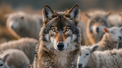 Wall Mural - An outstanding black wolf among the white sheep. Standout uniqueness appeal and personality diversity concept. Predator among the prey, the hidden power in socialize.