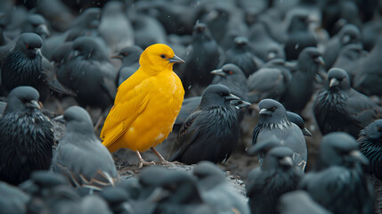 Wall Mural - An outstanding yellow bird among the young black birds. Standout uniqueness appeal and personality diversity concept. Be different with your own identity and beauty.