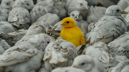 Wall Mural - An outstanding yellow chick among the young chicks on the farm. Standout uniqueness appeal and personality diversity concept. Be different with your own identity and beauty.