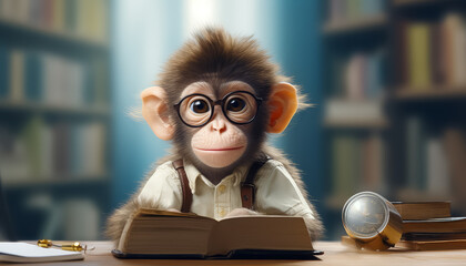 Poster - A monkey wearing glasses sits on a desk with a cup and a stack of books