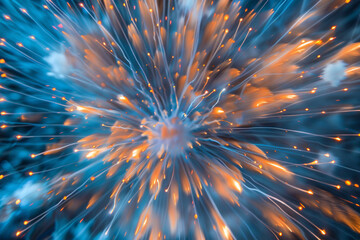 Wall Mural - Sparkling tangerine and azure bursts reminiscent of Fourth of July fireworks.