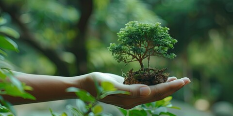 Wall Mural - Hands Nurturing Young Tree in Bright Sunlight