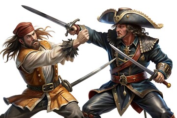 A fearless pirate captain engaging in a fierce sword duel with a rival buccaneer aboard a storm-tossed ship, isolated on white background.
