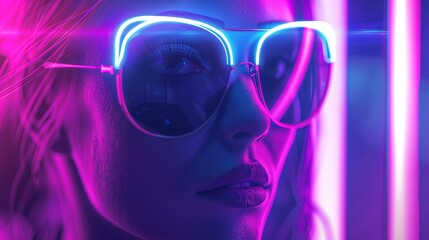 Wall Mural - Vibrant neon glow reflecting on a young woman's face in stylized sunglasses