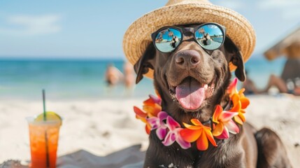 Summer beach fun with a happy dog wearing sunglasses and a flower necklace