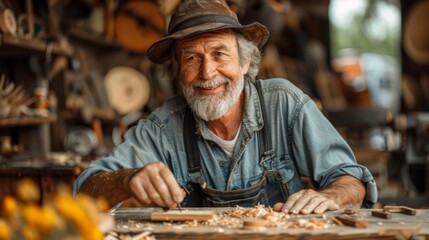 Surrounded by the tools of his craft Cabinet Maker John is seen carefully sanding a piece of wood