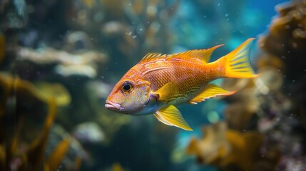 Close-up of a lone, colorful boar fish swimming under the sea.