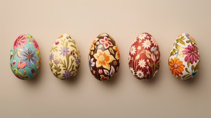 Wall Mural - Chocolate Easter eggs painted and wrapped in paper against beige backdrop