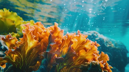 Wall Mural - Close-up of large colorful seaweed swimming alone under the sea.