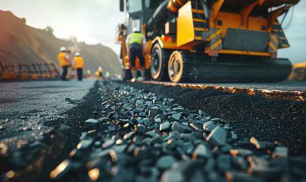Road Construction Teamwork, Asphalt Laying Work At Road Construction Sites Hot Asphalt Gravel Being Leveled And Road Surface Repairs By Heavy Road Construction Machineries And Workers, Generative AI. 