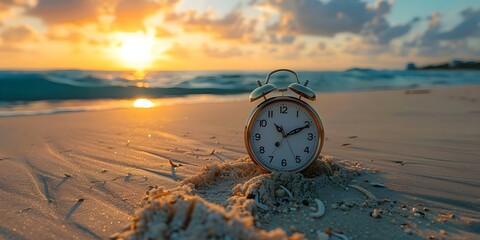 Wall Mural - beach clock centered copy space selective focus. Concept Beach Photography, Clock, Centered Composition, Copy Space, Selective Focus