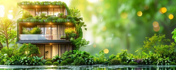 Wall Mural - A house with a green roof and a lush garden. The house is surrounded by trees and plants, giving it a natural and serene atmosphere. The bright sunlight illuminates the scene