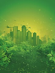 Wall Mural - A green cityscape with buildings and trees. The city is full of life and energy. The sky is filled with birds and planes flying around. The city is a symbol of progress and growth