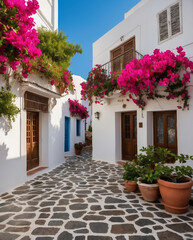 Wall Mural - Discover the Charming Mediterranean Street in Greece Adorned with Vibrant Bougainvillea and Whitewashed Buildings